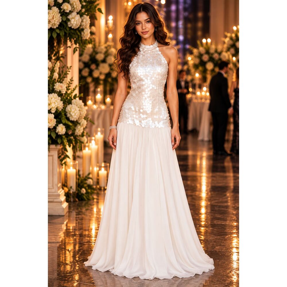 NWT White Disc Embellished Mermaid Scale Halter Formal Gown Homecoming Large